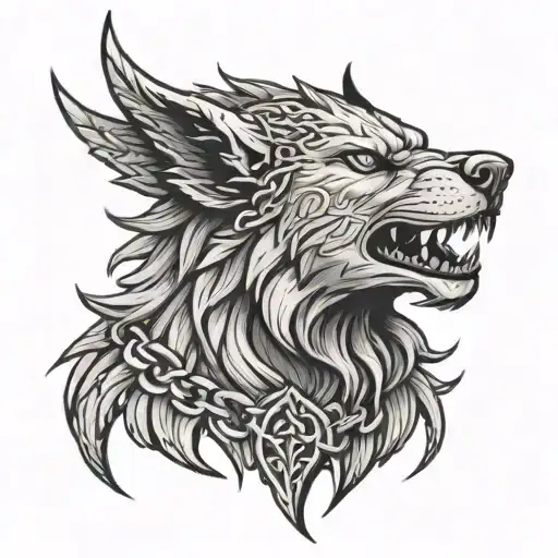 Fenrir head with chains viking runes tattoo design idea