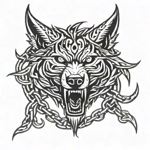 Fenrir head with chains viking elements tattoo design idea