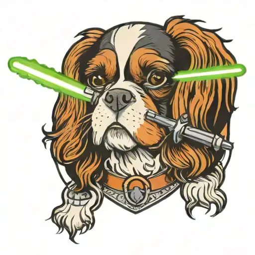 blenheim cavalier king charles spaniel holding a lightsaber  tattoo design idea