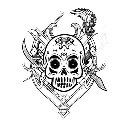 una calavera con tematica de valorant en especial en el personaje jett y en las armas vandal y odin tattoo design idea