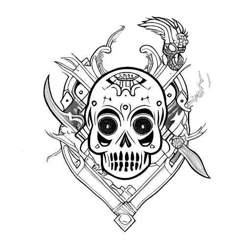 una calavera con tematica de valorant en especial en el personaje jett y en las armas vandal y odin tattoo design idea