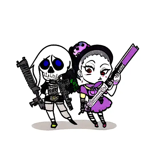 una calavera con tematica de valorant en especial en el personaje jett y en las armas vandal y odin tattoo design idea