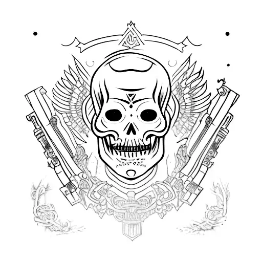 una calavera con tematica de valorant en especial en el personaje jett y en las armas vandal y odin tattoo design idea