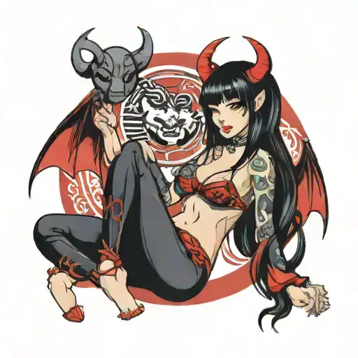 succubus pin up girl sitting long black hair with red highlights in bikini black make up with bat wings and ram horns tattoo design idea