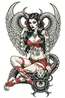 succubus pin up girl sitting ram horns demon wings in bikini long black hair with red highlights black makeup tattoo design idea