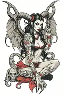 succubus pin up girl sitting ram horns demon wings in bikini long black hair with red highlights black makeup tattoo design idea