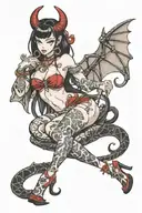 succubus pin up girl sitting long black hair with red highlights in bikini black make up with bat wings and ram horns tattoo design idea