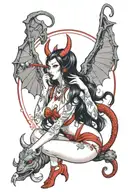 succubus pin up girl sitting long black hair with red highlights in bikini black make up with bat wings and ram horns tattoo design idea