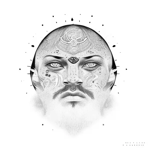 black stone man face with sun tattoo design idea