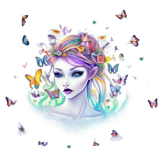 A fairy with two different hair colors surrounded by a vibrant garden of mushrooms and butterflies tattoo design idea