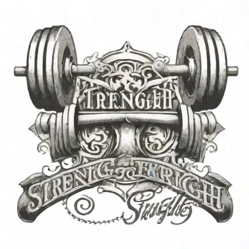 An intricate design of a weightlifting barbell with the phrase 'Strength Through Struggle' integrated within the details tattoo design idea