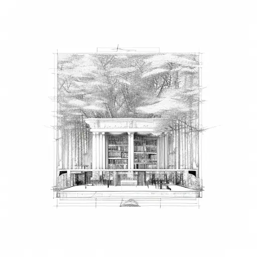 An architectural blueprint of a library nestled in a forest tattoo design idea