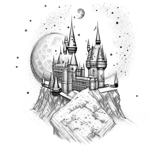 Starting from the top of the arm: 1. Hogwarts Castle: A detailed silhouette of Hogwarts Castle, with moon and stars in t tattoo design idea