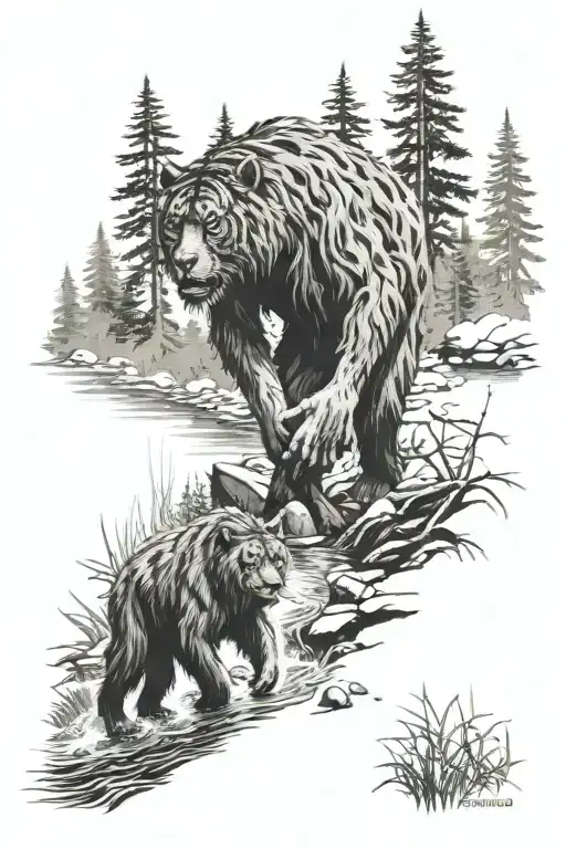 forest scene with creek running with a sasquatch walking away. the trees in the forest fade into a tiger face. tattoo design idea