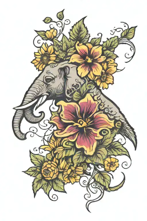 elephant, sunflower, hibiscus, orchid vine and eagle  tattoo design idea