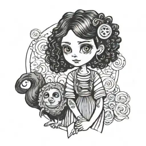 coraline doll tattoo, yarn curly hair, button eyes  tattoo design idea