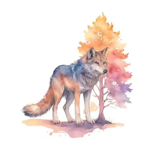 a small wolf behind a big tree in  flame  tattoo design idea