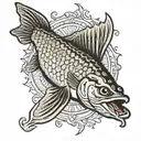 A pike fish in Frenchman's clothing with the inscription Le. tattoo design idea