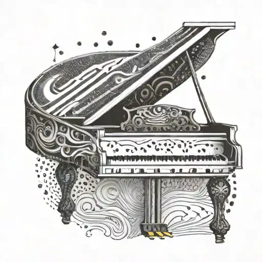 A piano with dotwork details incorporating elements from the interstellar universe tattoo design idea