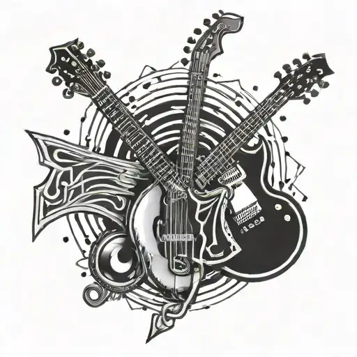 An abstract representation of music notes morphing into Metallica's iconic logo in dotwork style tattoo design idea