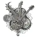 An abstract representation of music notes morphing into Metallica's iconic logo in dotwork style tattoo design idea