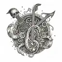 An abstract representation of music notes morphing into Metallica's iconic logo in dotwork style tattoo design idea