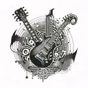 An abstract representation of music notes morphing into Metallica's iconic logo in dotwork style tattoo design idea