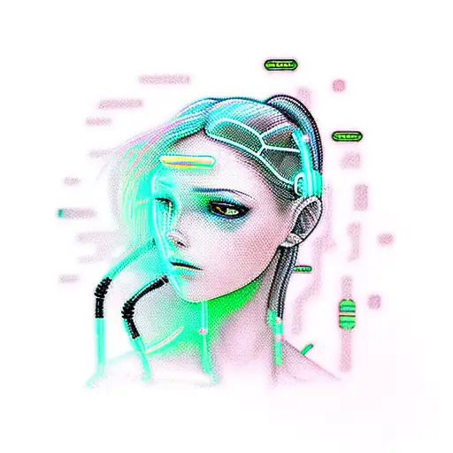 a sweet and badass cyberpunk girl with a gun made of neon lights tattoo design idea