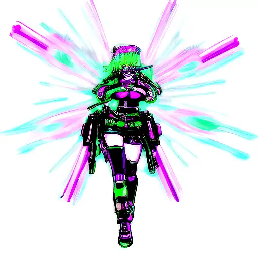 a sweet and badass cyberpunk girl with a gun made of neon lights tattoo design idea