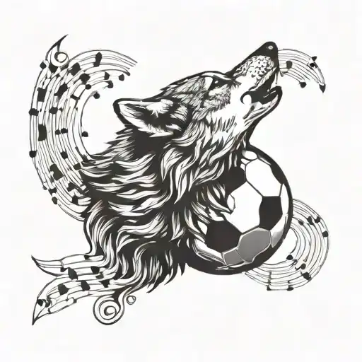 A wolf howling at a soccer ball, surrounded by musical notes tattoo design idea