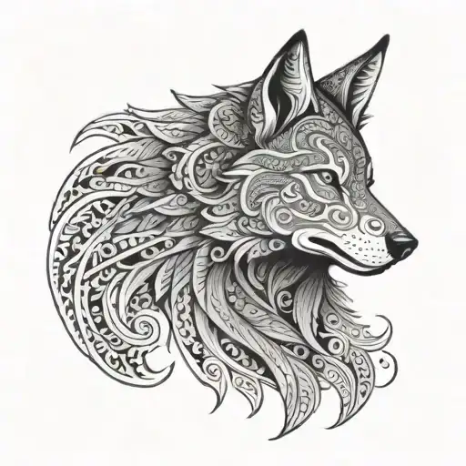 Create a drawing of a Maori tattoo that contains a wolf and represents simplicity, being a warrior and intelligent tattoo design idea