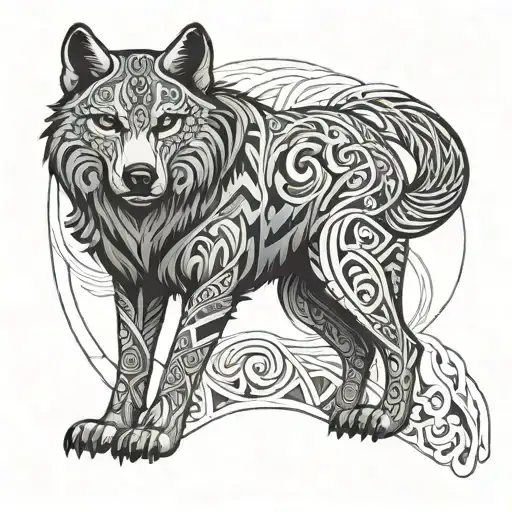 Create a drawing of a Maori tattoo that contains a wolf and represents simplicity, being a warrior and intelligent tattoo design idea