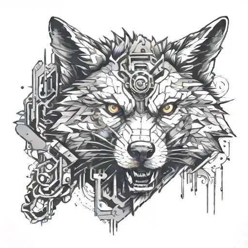 A tattoo of a wolf in a fierce combat stance, with a subtle nod to industrial engineering tools tattoo design idea