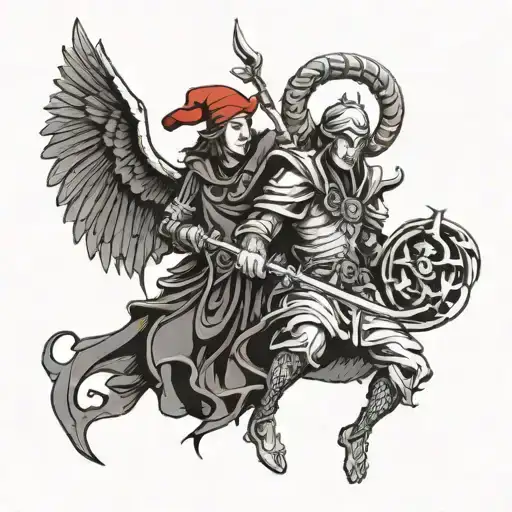 stylized scary archangel Lucifer next to a creepy jester in a red cap with bells tattoo design idea