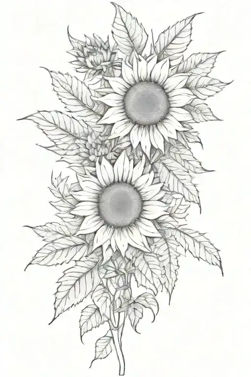 A weed leaf intertwined with sunflowers, symbolizing your love for both tattoo design idea