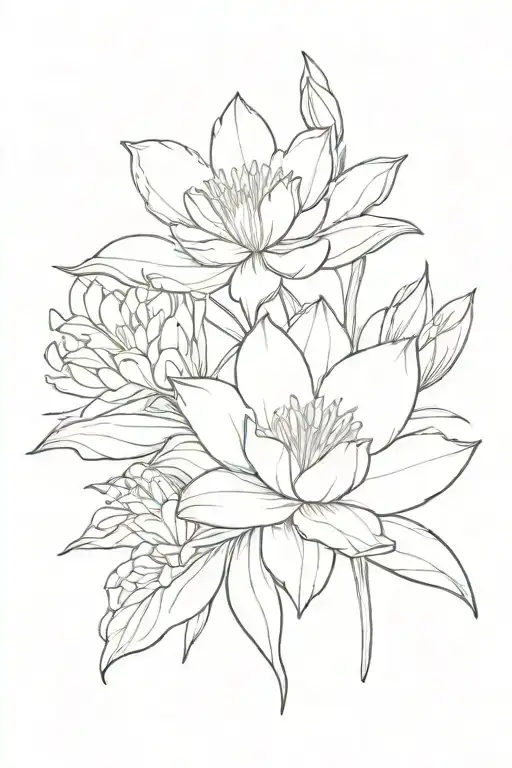 waterlily, carnation, daffodil, daisy, morning glory, gladiolus tattoo design idea