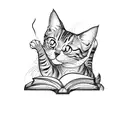A blackwork tattoo of a cat reading a book from the anime 'Fruit Basket' tattoo design idea