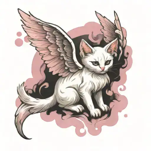 angelic white kitten with huge wings surrounded by pink smoke tattoo design idea