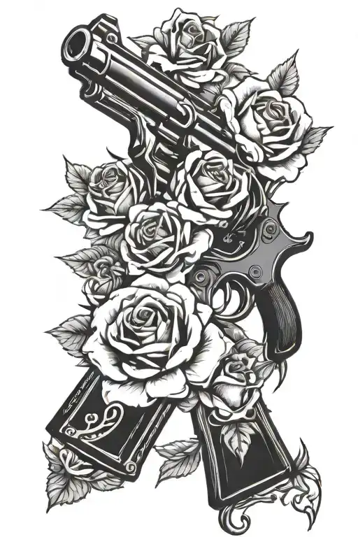gun with roses growing tattoo design idea