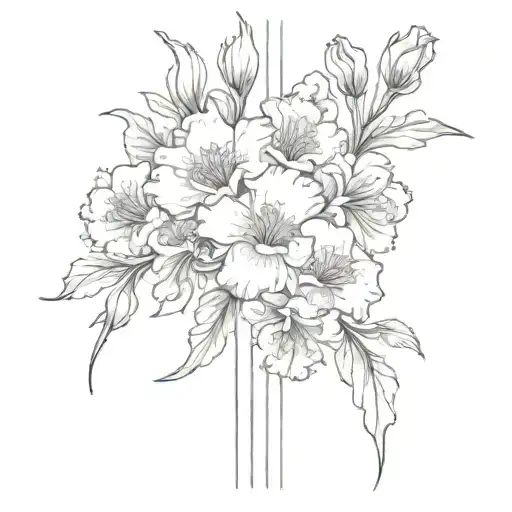 line cross with carnations daisies and iris growing around it  tattoo design idea