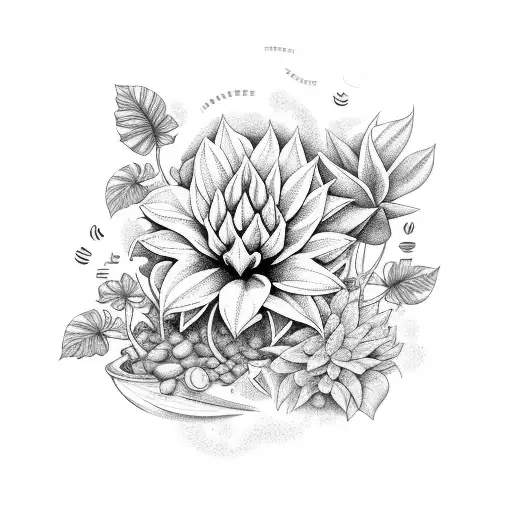 A garden scene with various plants like monstera, dahlia, petunia, and hibiscus intertwined with coffee beans tattoo design idea