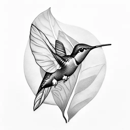 A delicate black-grey tattoo of a hummingbird sipping coffee from a monstera leaf tattoo design idea