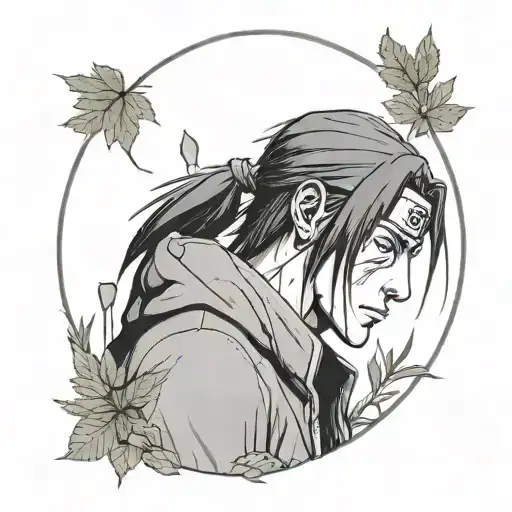 A portrait of Itachi from Naruto standing in a dark alley, with rainforest foliage creeping in the background tattoo design idea