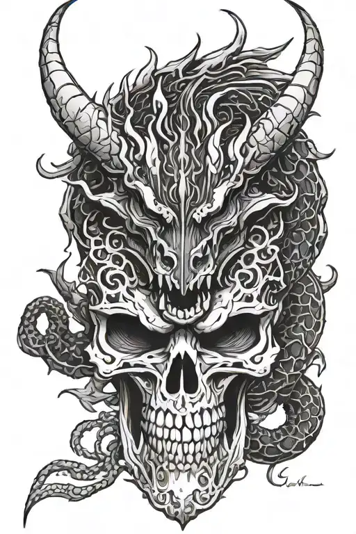  The black dragon around the skull of the demon mask they tattoo design idea