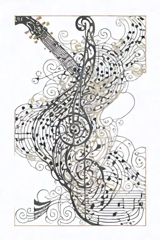 An abstract art piece inspired by music, with intricate filigree details and faces tattoo design idea