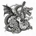 A guitar merging with a dragon, symbolizing power and passion for music tattoo design idea