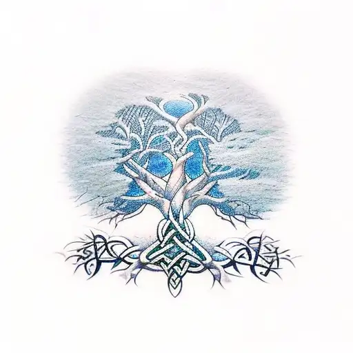 two symbolisied Celtic trees of life. at the roots of each tree are  the birth dates of my and my wives. tattoo design idea