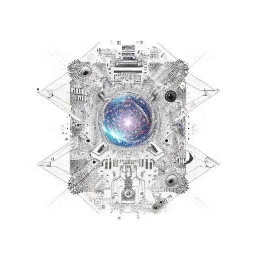 A computer motherboard with constellations and galaxies as circuit pathways tattoo design idea