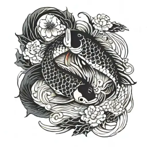 Tui and La, ying and yang symbol koi fish swimming tattoo design idea