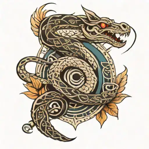 Tribal style arm and chest tattoo, snake around arm, sword with runes on the inside of arm, rabbit jumping to the side tattoo design idea